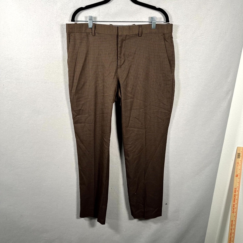 Perry Ellis Dress Pants Mens 37 Brown Houndstooth Plaid Formal‎ Business Oxford